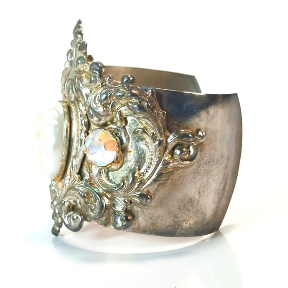 Ornate Baroque Silver Plated Cuff Bracelet Faux Pearl Cabochon AB Rhinestones - Picture 4 of 7